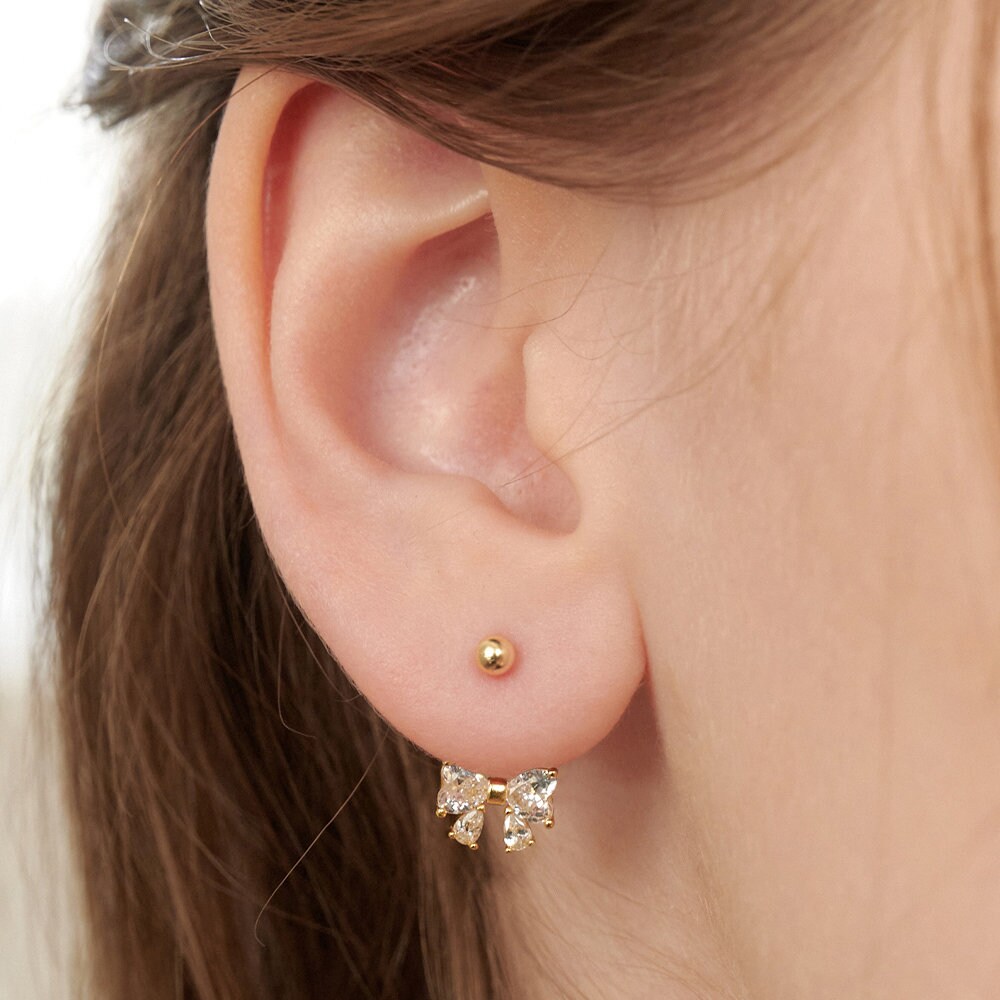【TATIANA】Twinkle Butterfly Ribbon EarJacket Earring EC3082 Diamond Butterfly Ribbon Ear Jacket Earrings, Twinkle Bow