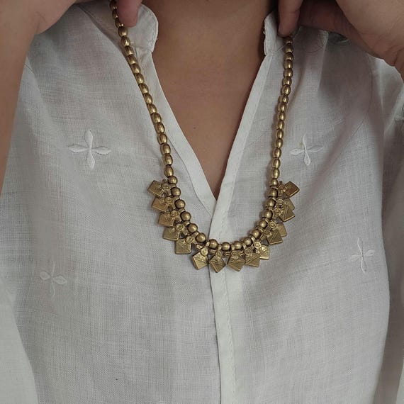 Handmade Brass Charm Necklace, Boho Ethnic Statement Jewelry, Adjustable Length