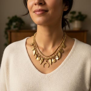 Gargantilla de luna de latón: collar bohemio con capas