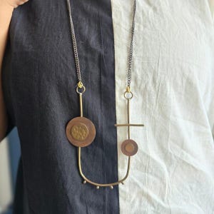 Oxidised Brass and Copper Necklace: U-Shaped Pendant, Vintage Chain Necklace