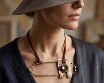 Bohemian style Statement Necklace, Mixed Metal Brass Copper, Suede Cord Adjustable, Gift for her