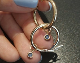 Natural Sapphire hoop earrings, sapphire drop dangling hoop earrings, yellow gold hoops, round blue sapphire earrings, September birthstone