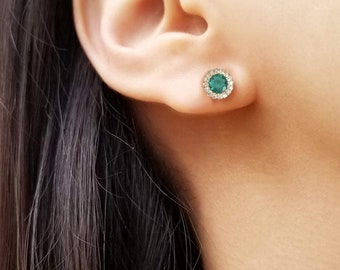 Emerald halo stud, emerald earrings, halo diamond studs, yellow gold studs, green stone earrings, round halo earrings, May birthstone