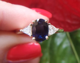 Sapphire and diamond engagement ring, three stone diamond ring, special engagement ring, blue sapphire, oval sapphire ring, triangle diamond