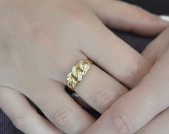 Diamond cuban link ring, pave diamond and 14k solid gold