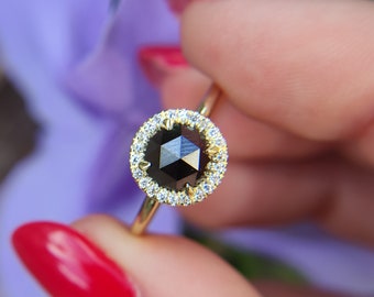 Natural Black diamond ring, rose cut diamond ring, black diamond halo ring, black diamond engagement ring, 1CT black diamond, halo diamond