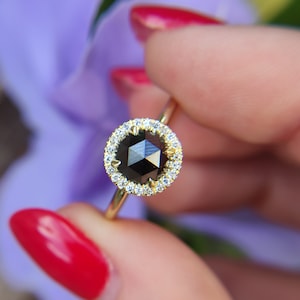 Natural Black diamond ring, rose cut diamond ring, black diamond halo ring, black diamond engagement ring, 1CT black diamond, halo diamond