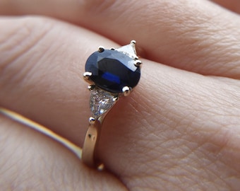 Sapphire and diamond engagement ring, three stone diamond ring, special engagement ring, blue sapphire, oval sapphire ring, triangle diamond