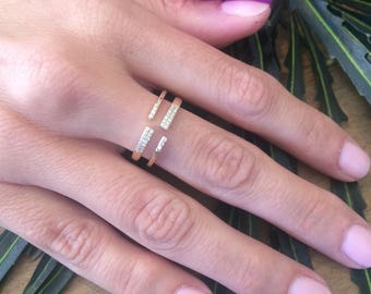 Geometric ring, diamond stacking ring, layered ring, lines ring, solid gold ring, pave ring, multi row diamond ring, criss cross ring