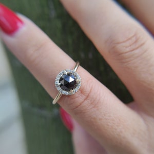 Natural Black diamond ring, rose cut diamond ring, black diamond halo ring, black diamond engagement ring, 1CT black diamond, halo diamond
