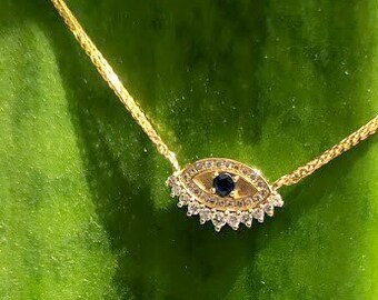 Evil eye diamond necklace, 14K gold diamond & Sapphire evil eye pendant