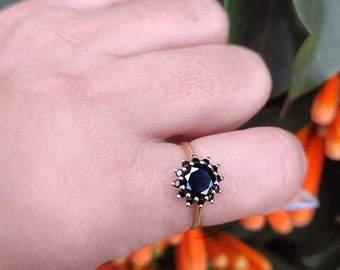 Black diamond ring, halo ring, black diamond engagement ring, Boho engagement ring, alternative engagement ring, diamond cluster ring
