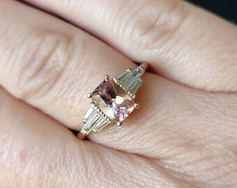 Morganite engagement ring, Baguette diamond ring, Art Deco engagement ring, pink Morganite ring, 14K gold 3 stone diamond baguette ring