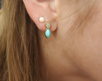 Turquoise and diamond earring, December birthstone, turquoise stud earrings, 14k solid gold screwback earring, dainty diamond studs