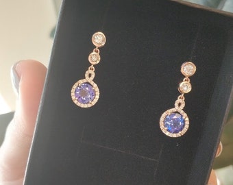 Tanzanite earrings, diamond halo earring, Tanzanite and diamonds, Tanzanite earrings rose gold drop, 14K solid rose gold