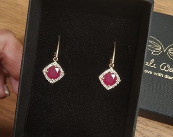 Ruby halo earrings, dangling diamond earrings, Ruby earrings dangle, Ruby and diamond earring, 14k solid gold, Genuine Ruby, July birthstone