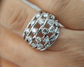 7 row diamond ring, statement cocktail diamond ring, multi row 14K gold ring, big diamond ring, dome diamond ring