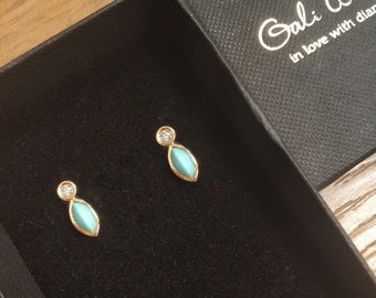 Turquoise and diamond earring, December birthstone, turquoise stud earrings, 14k solid gold screwback earring, dainty diamond studs