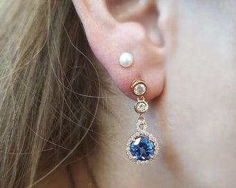 Tanzanite earrings, diamond halo earring, Tanzanite and diamonds, Tanzanite earrings rose gold drop, 14K solid rose gold