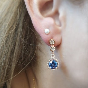 Tanzanite earrings, diamond halo earring, Tanzanite and diamonds, Tanzanite earrings rose gold drop, 14K solid rose gold image 1