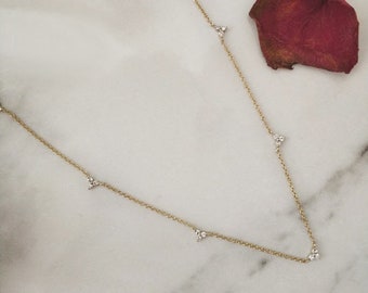 Diamond by the Yard Necklace, 3 stone necklace, trio station necklace, Diamond Station Necklace, gold charm Necklace, three stone Necklace