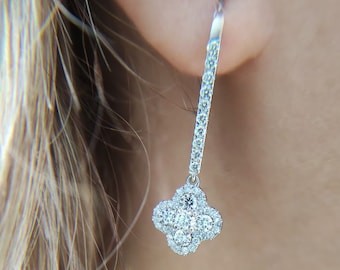 Diamond clover dangle earrings, Dangling Diamond Earrings, Clover Diamond Drop Earrings, Diamond Dangle Earrings