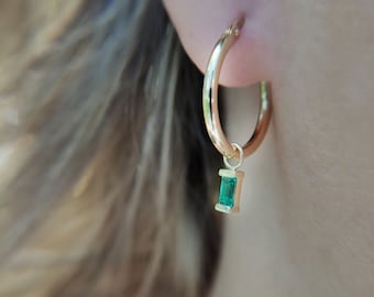 Emerald hoop earrings, natural emerald earrings, dangling hoop earrings, yellow gold hoops, green stone baguette, May birthstone, 20 mm hoop