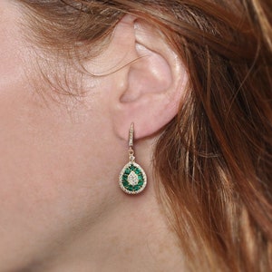 Emerald drop earrings, emerald earrings dangle, emerald hoop, diamond and emerald earring, may birthstone jewelry, Natural emerald 14K gold image 1