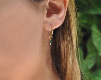 Natural Emerald hoop earrings, diamond drop dangling hoop earrings, yellow gold hoops,  baguette diamond, May birthstone, baguette emerald