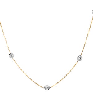 Two-tone Diamond by the Yard Necklace, White Topaz necklace, bezel necklace, Station Necklace, 14k solid yellow gold with white bezels