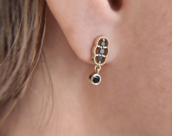 Black diamond dangling earrings, 3 stone earrings, black diamond studs, 14k gold dangling earrings, diamond drop earrings