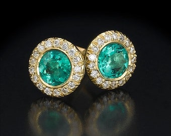 Halo Diamond Studs with Emerald, Yellow Gold Earrings