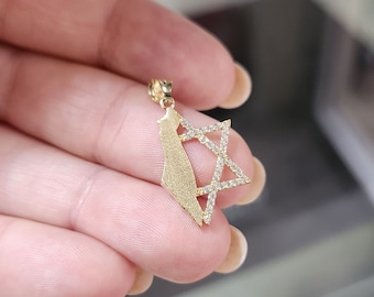 14K Gold Map Pendant with Diamond Star of David, Jewish Jewelry