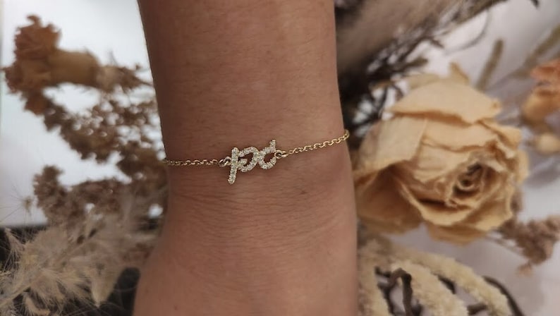 Hebrew name bracelet, Jewish jewelry, Bat Mitzvah jewelry gift, 14k gold diamond name necklace image 1