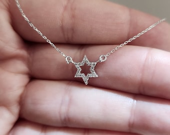 Small Diamond Star of David Necklace: 14K Gold Pave Frame Design