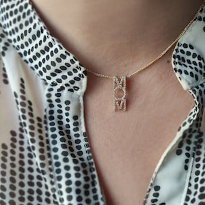 Mom Diamond Pendant Necklace, Mom jewelry, diamond gift for mom, Diamond nameplate Letter necklace, 14K gold name necklace, vertical name image 2