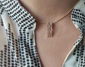 Mom Diamond Pendant Necklace, Mom jewelry, diamond gift for mom, Diamond nameplate Letter necklace, 14K gold name necklace, vertical name