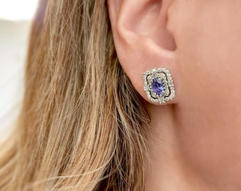 Tanzanite halo earrings, Tanzanite studs, 14K solid gold diamond earrings, double halo art deco earring, Tanzanite and baguette diamonds