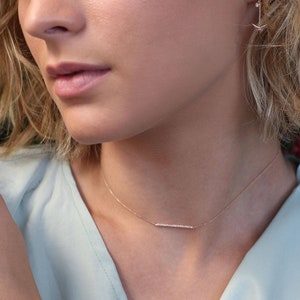 14k Rose Gold Diamond Bar Necklace, Dainty Choker image 1