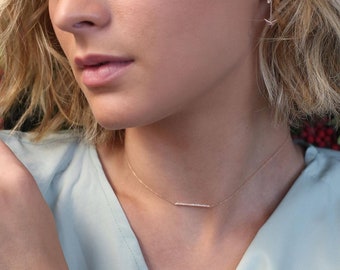 14k Rose Gold Diamond Bar Necklace, Dainty Choker