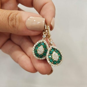 Emerald drop earrings, emerald earrings dangle, emerald hoop, diamond and emerald earring, may birthstone jewelry, Natural emerald 14K gold image 2