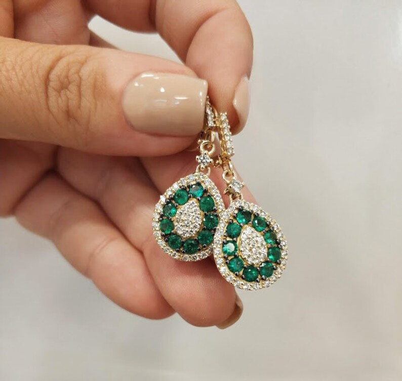 Emerald drop earrings, emerald earrings dangle, emerald hoop, diamond and emerald earring, may birthstone jewelry, Natural emerald 14K gold image 2