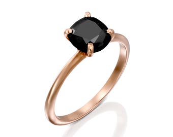 Natural Black diamond ring, 14k solid rose gold, black diamond solitaire ring, black diamond engagement ring, 7mm black diamond