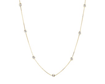 Topaz Bezel Diamond Station Necklace - 14k Solid Yellow Gold Bridal Jewelry