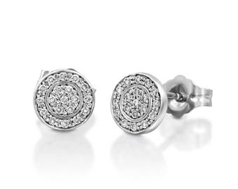 Pave diamond earrings, round gold earrings, 14k white gold, real diamonds, free shipping, , round pave studs, diamond studs