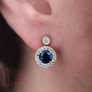 Sapphire halo earrings, blue sapphire earrings, 14k gold halo earrings, diamond halo earrings, dangling earrings, sapphire studs
