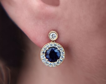 Sapphire halo earrings, blue sapphire earrings, 14k gold halo earrings, diamond halo earrings, dangling earrings, sapphire studs