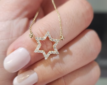 14K Gold Diamond Star of David Pendant Necklace: Pave Frame