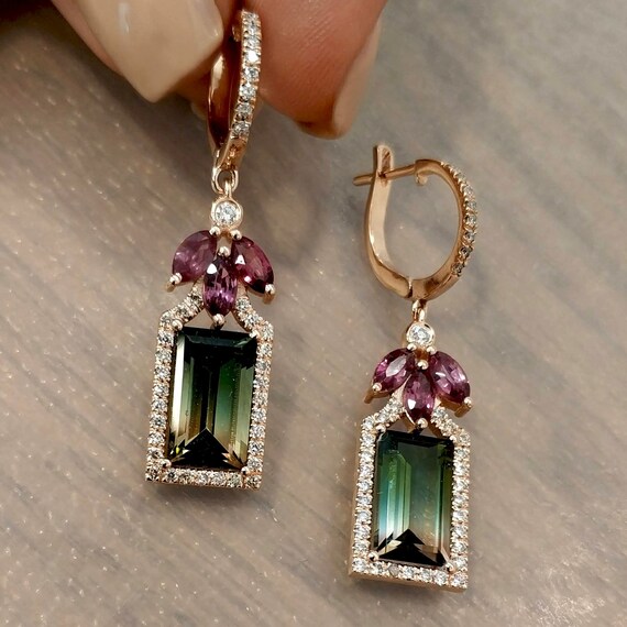 Bi-Color Tourmaline,Gemstone Earring,Watermelon Earring,Dual Color Earring,dangle Drop Earring,Cluster Earring,Bridsmaids Earring,Boho,Gift
