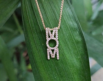 Mom Diamond Pendant Necklace, Mom jewelry, diamond gift for mom, Diamond nameplate Letter necklace, 14K gold name necklace, vertical name